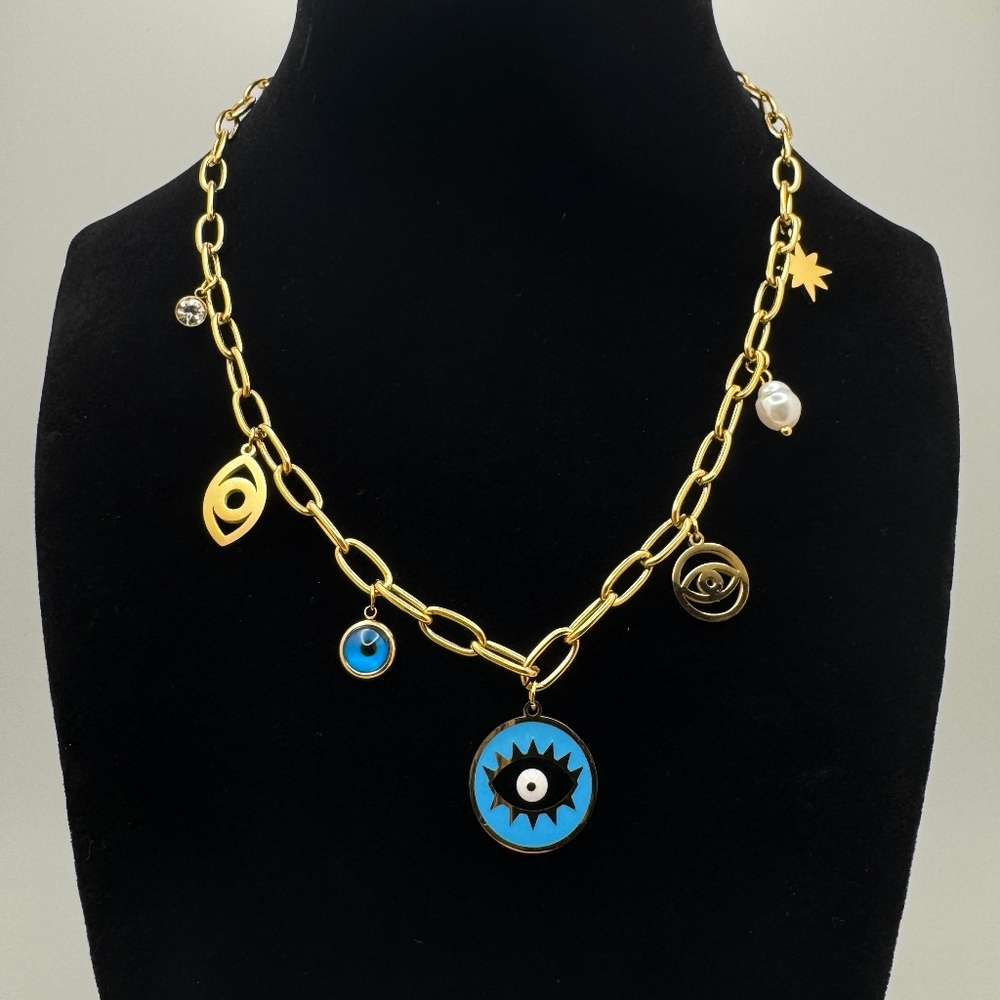 Gold Chain Necklace with Blue Evil Eye Pendant